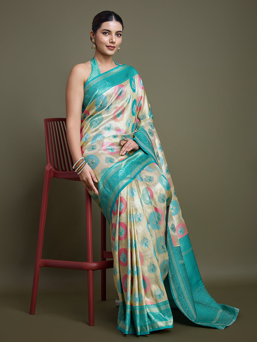 Monjolika Fashion Elegant Turquoise And Cream Banarasi Silk SareeWith Intricate Zari Work | Grocsy