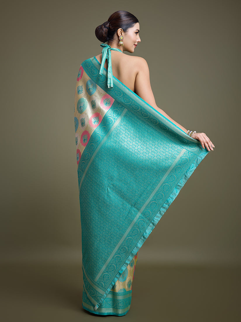 Monjolika Fashion Elegant Turquoise And Cream Banarasi Silk SareeWith Intricate Zari Work | Grocsy