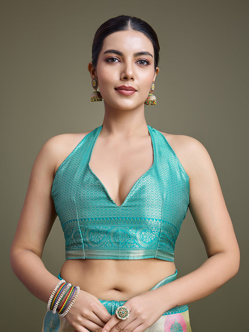 Monjolika Fashion Elegant Turquoise And Cream Banarasi Silk SareeWith Intricate Zari Work | Grocsy