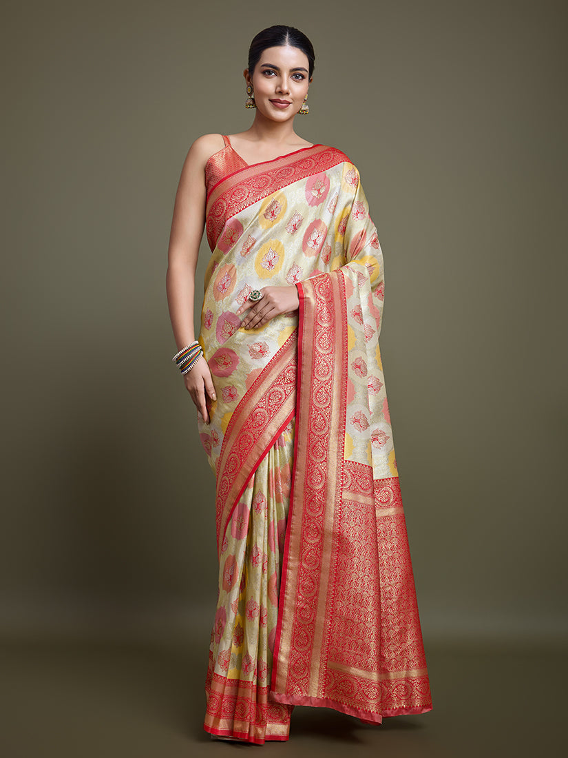 Monjolika Fashion Elegant Red And Cream Banarasi Silk SareeWith Intricate Zari Work | Grocsy