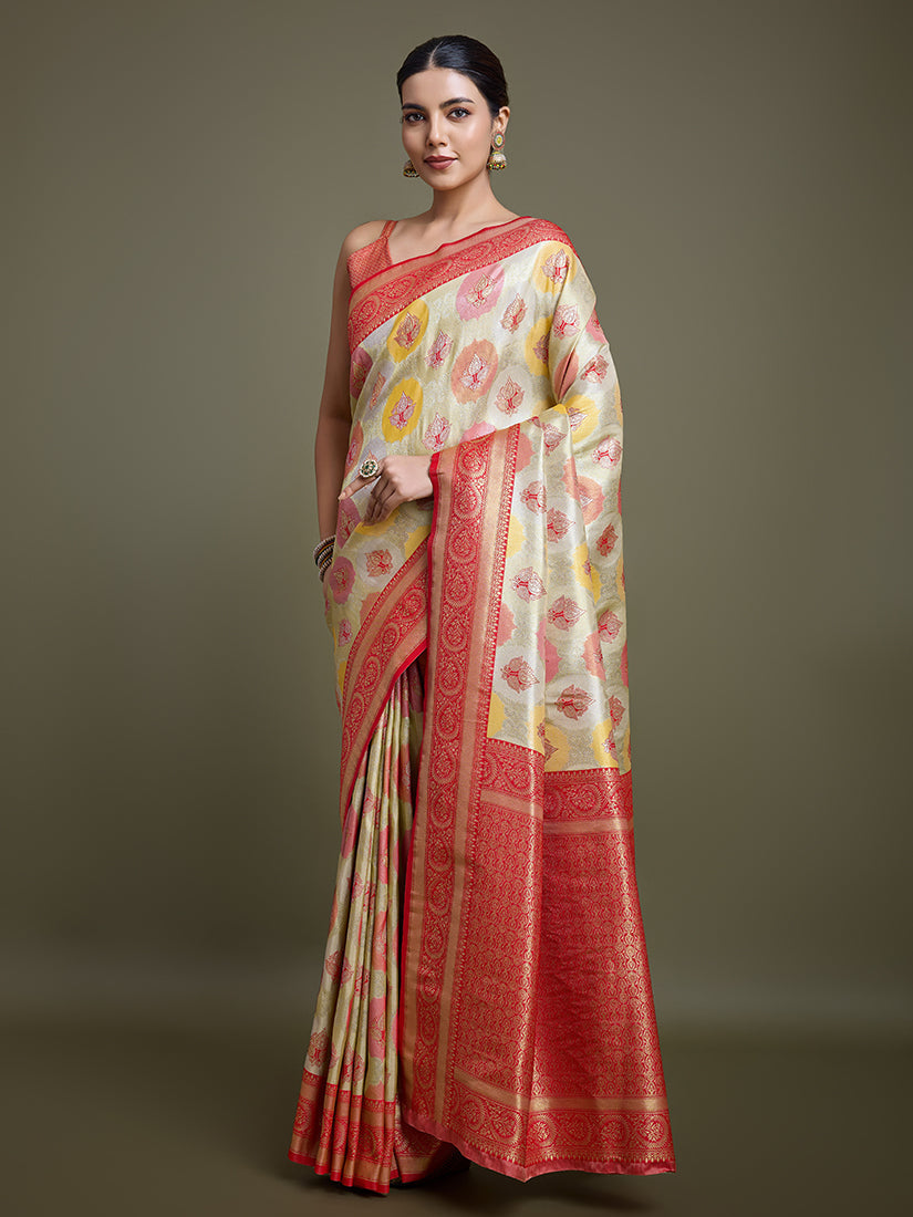 Monjolika Fashion Elegant Red And Cream Banarasi Silk SareeWith Intricate Zari Work | Grocsy
