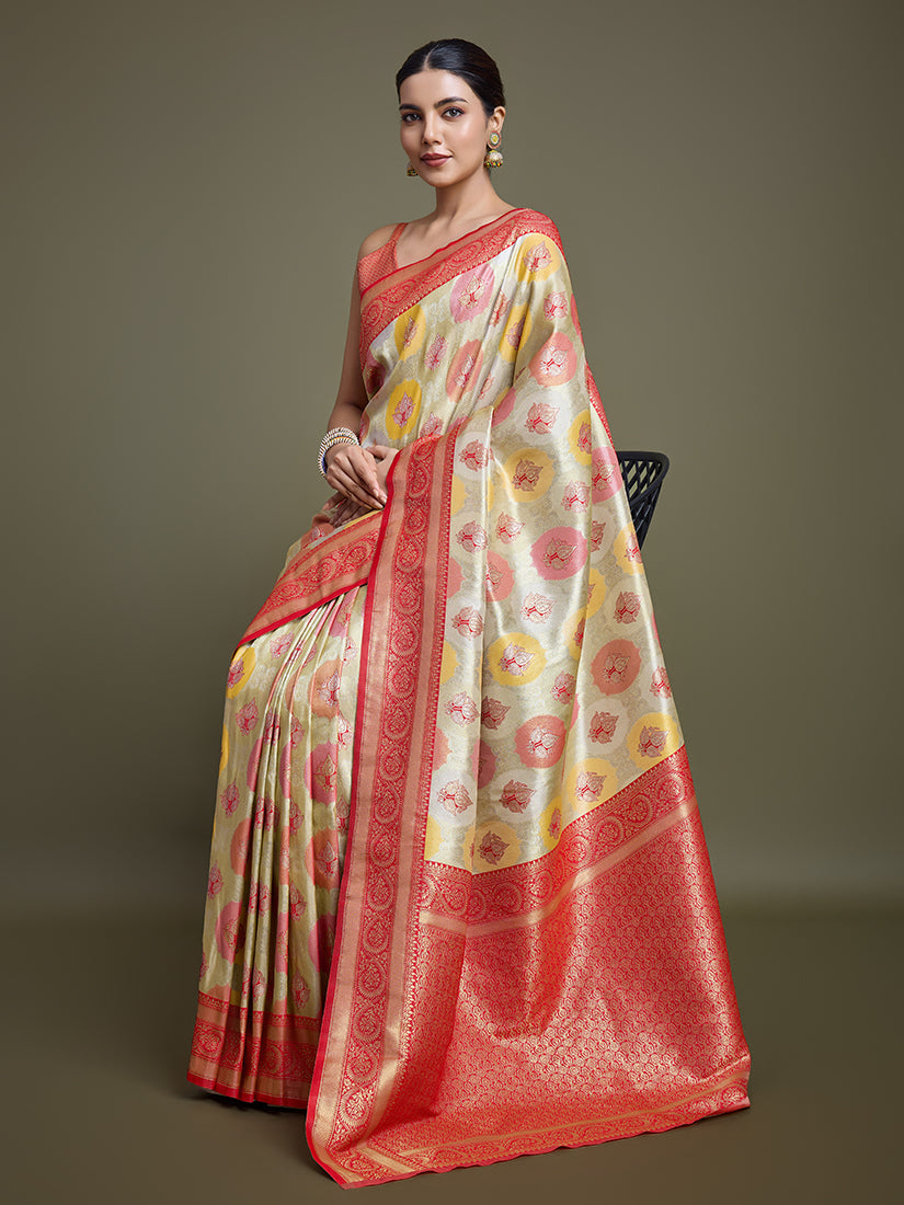 Monjolika Fashion Elegant Red And Cream Banarasi Silk SareeWith Intricate Zari Work | Grocsy