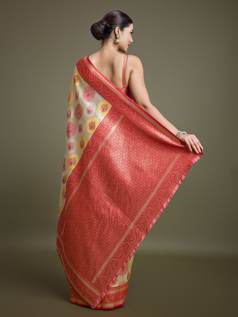 Monjolika Fashion Elegant Red And Cream Banarasi Silk SareeWith Intricate Zari Work | Grocsy