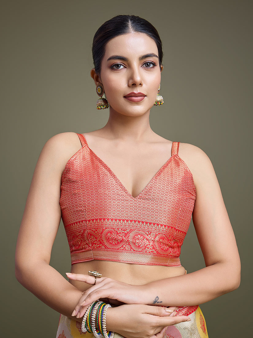 Monjolika Fashion Elegant Red And Cream Banarasi Silk SareeWith Intricate Zari Work | Grocsy