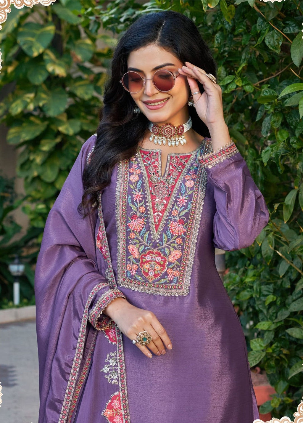 Anaita Purple Chinon Stitched Plazzo Suit With Codding Dori & Sequence Work | Grocsy