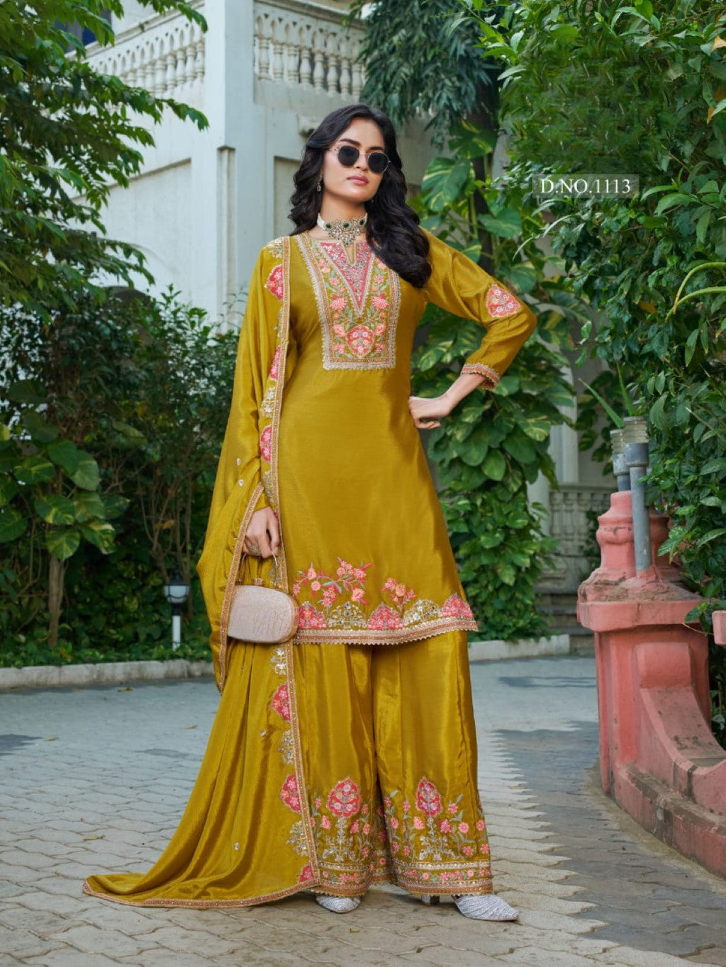 Anaita Mustard Chinon Stitched Plazzo Suit With Codding Dori & Sequence Work | Grocsy