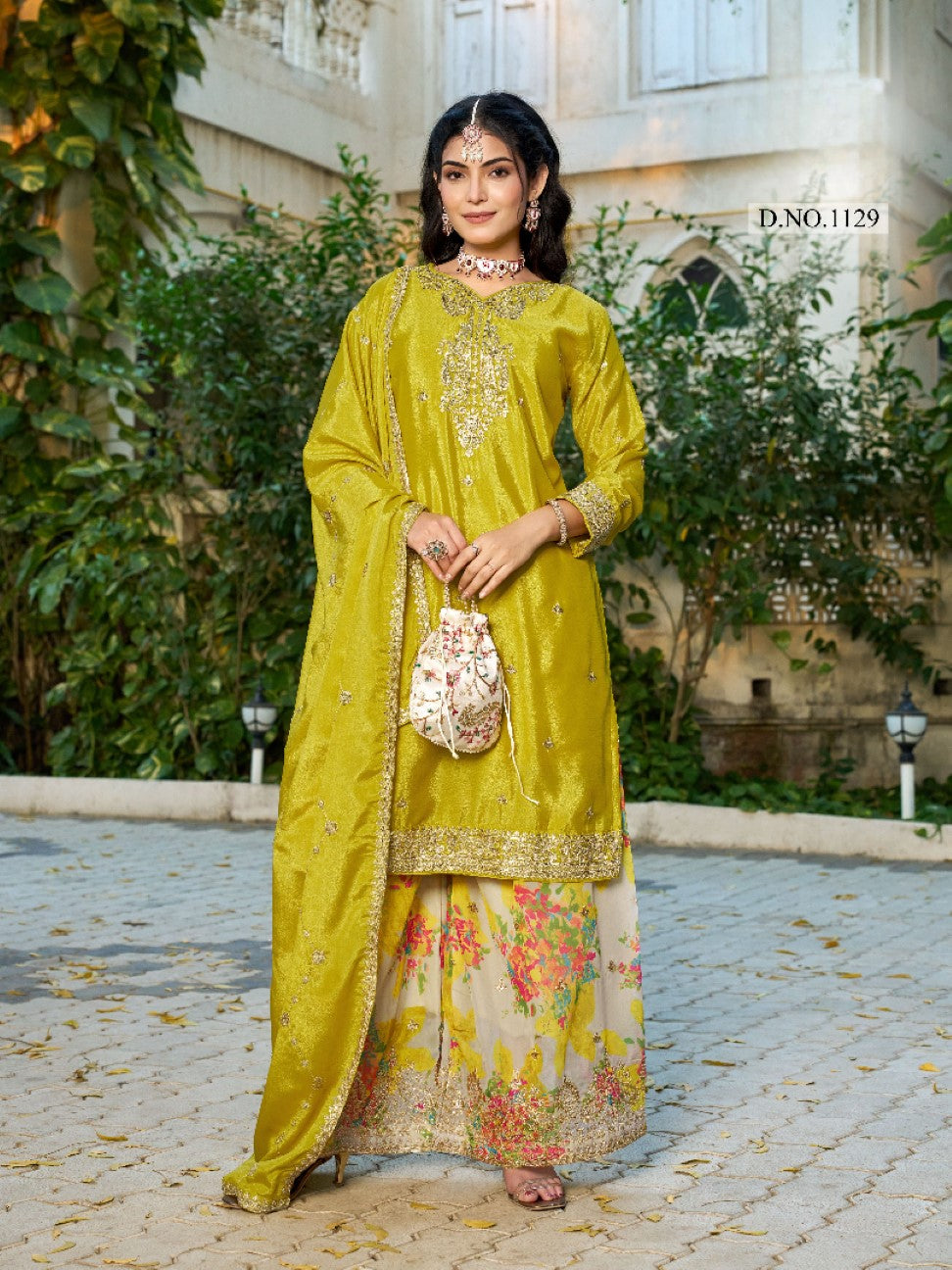 Anaita Mustard Chinon Stitched Plazzo Suit With Codding Dori & Sequence Work | Grocsy
