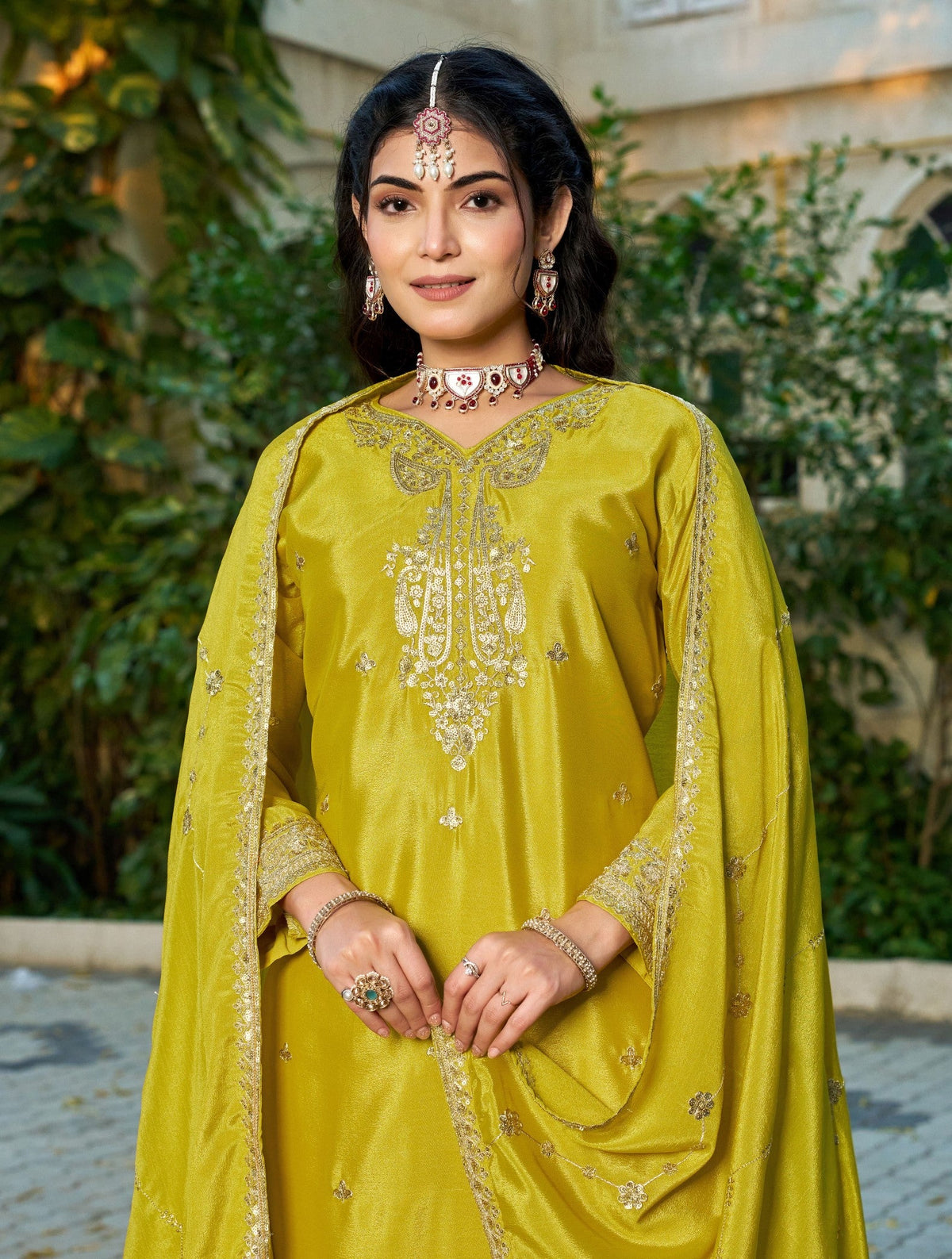 Anaita Mustard Chinon Stitched Plazzo Suit With Codding Dori & Sequence Work | Grocsy
