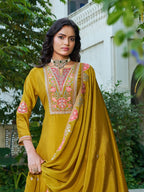 Anaita Mustard Chinon Stitched Plazzo Suit With Codding Dori & Sequence Work | Grocsy