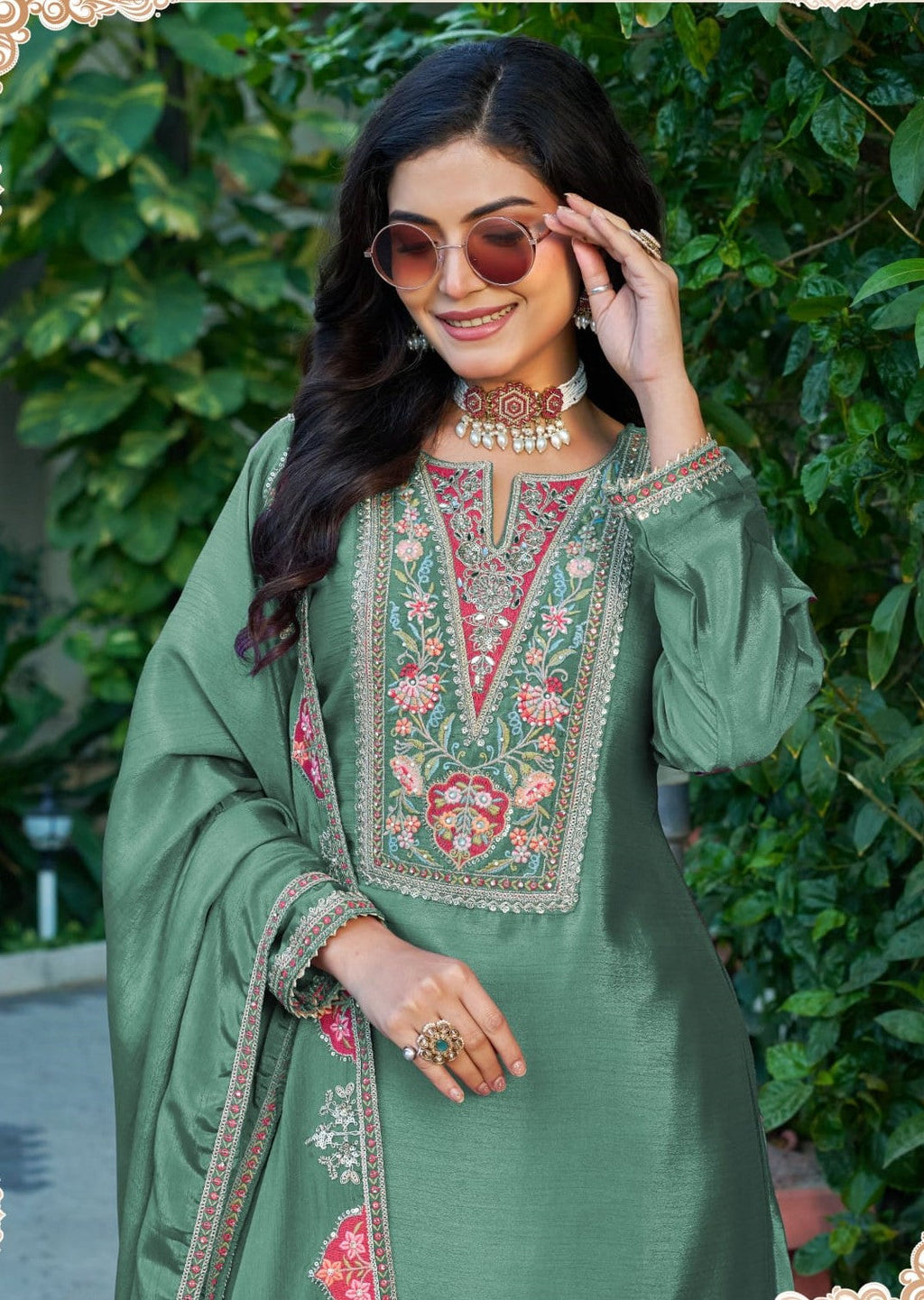 Anaita Sea Green Chinon Stitched Plazzo Suit With Codding Dori & Sequence Work | Grocsy