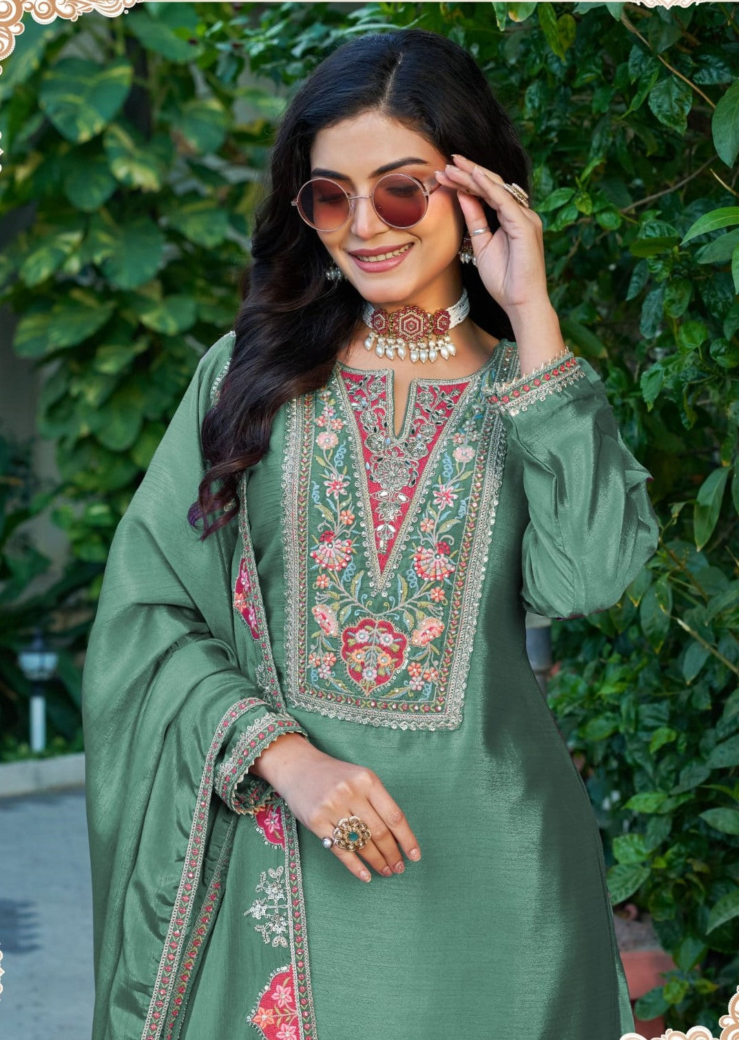 Anaita Sea Green Chinon Stitched Plazzo Suit With Codding Dori & Sequence Work | Grocsy