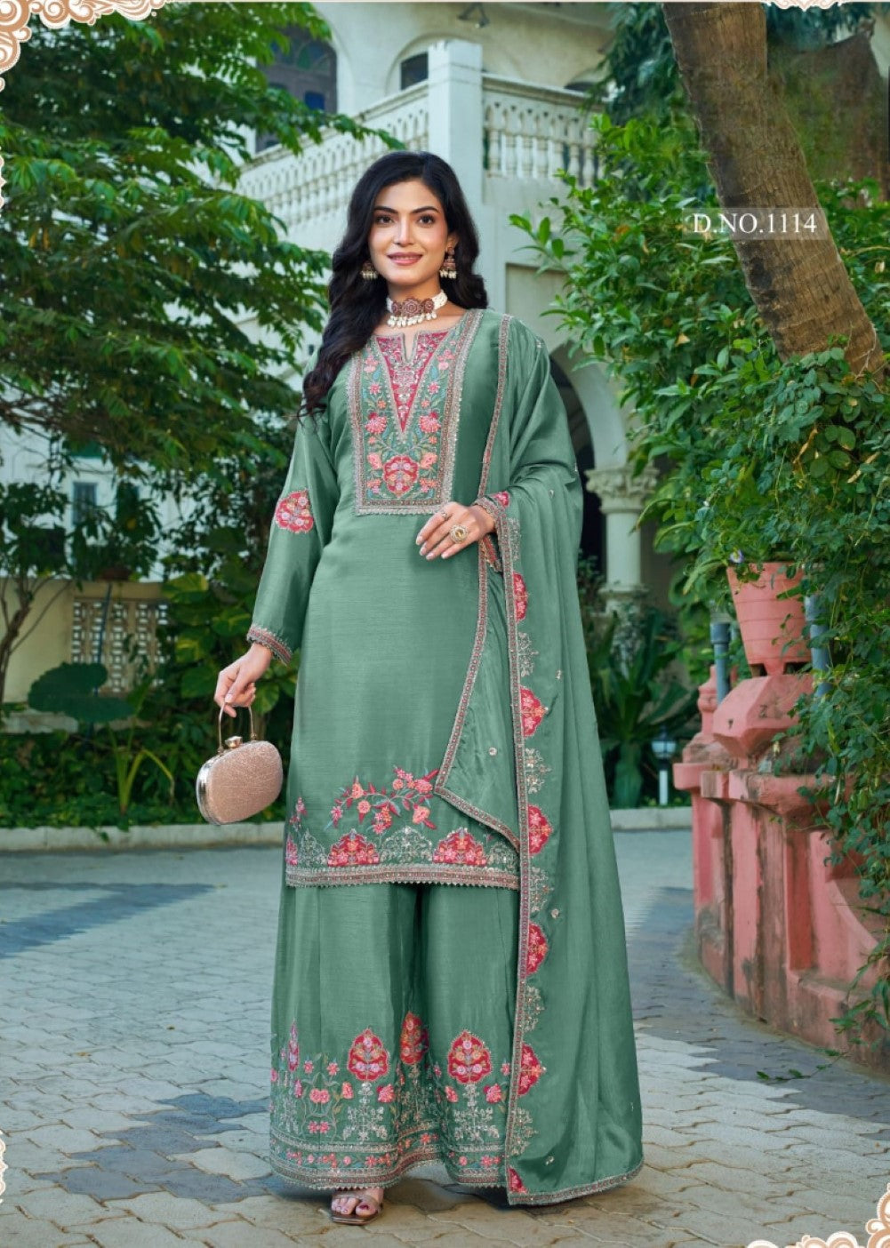 Anaita Sea Green Chinon Stitched Plazzo Suit With Codding Dori & Sequence Work | Grocsy