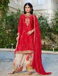Anaita Red Chinon Stitched Plazzo Suit With Codding Dori & Sequence Work | Grocsy