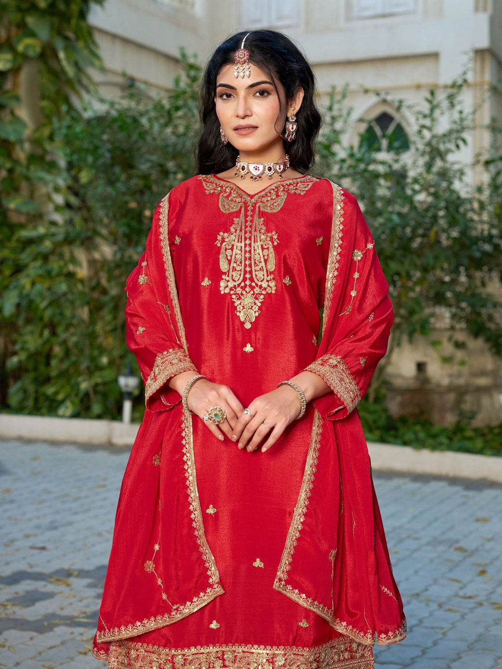 Anaita Red Chinon Stitched Plazzo Suit With Codding Dori & Sequence Work | Grocsy