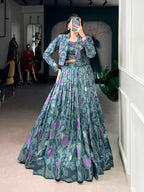 Lorenvalley Fashion Teal Tasar Silk Printed Lehenga Choli with Koti | Grocsy