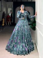 Lorenvalley Fashion Teal Tasar Silk Printed Lehenga Choli with Koti | Grocsy