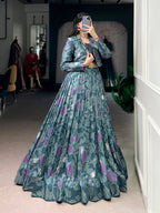 Lorenvalley Fashion Teal Tasar Silk Printed Lehenga Choli with Koti | Grocsy