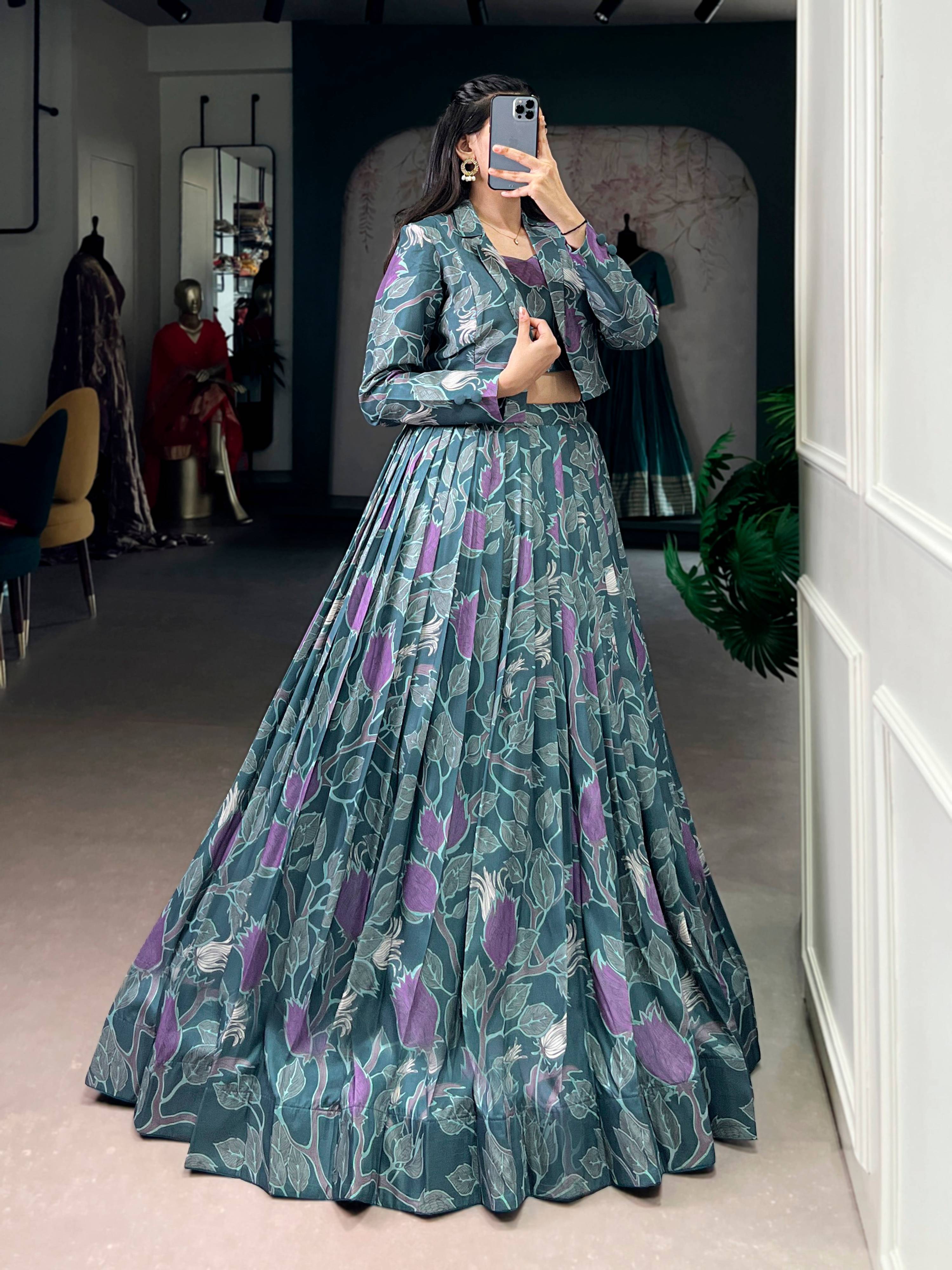 Lorenvalley Fashion Teal Tasar Silk Printed Lehenga Choli with Koti | Grocsy