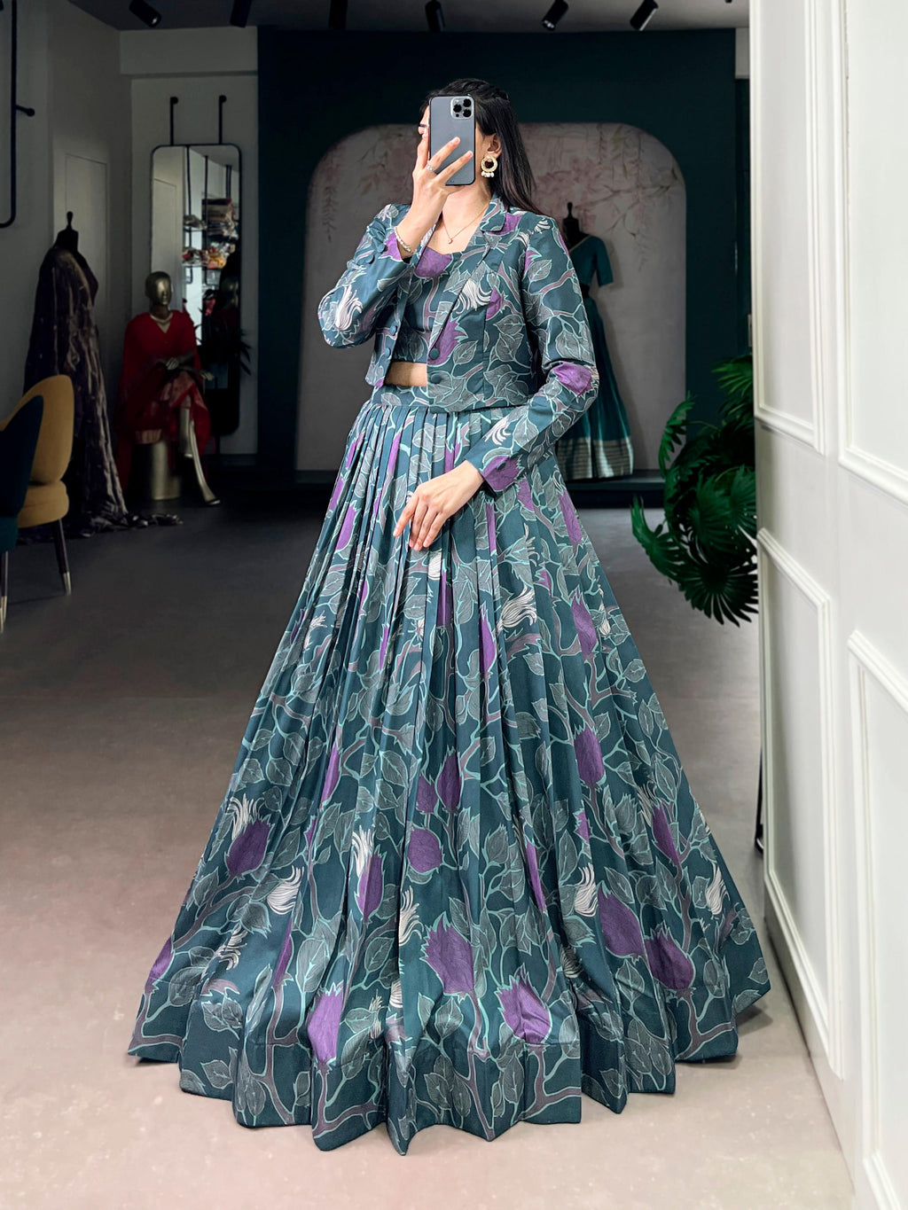 Lorenvalley Fashion Teal Tasar Silk Printed Lehenga Choli with Koti | Grocsy