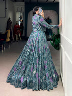 Lorenvalley Fashion Teal Tasar Silk Printed Lehenga Choli with Koti | Grocsy