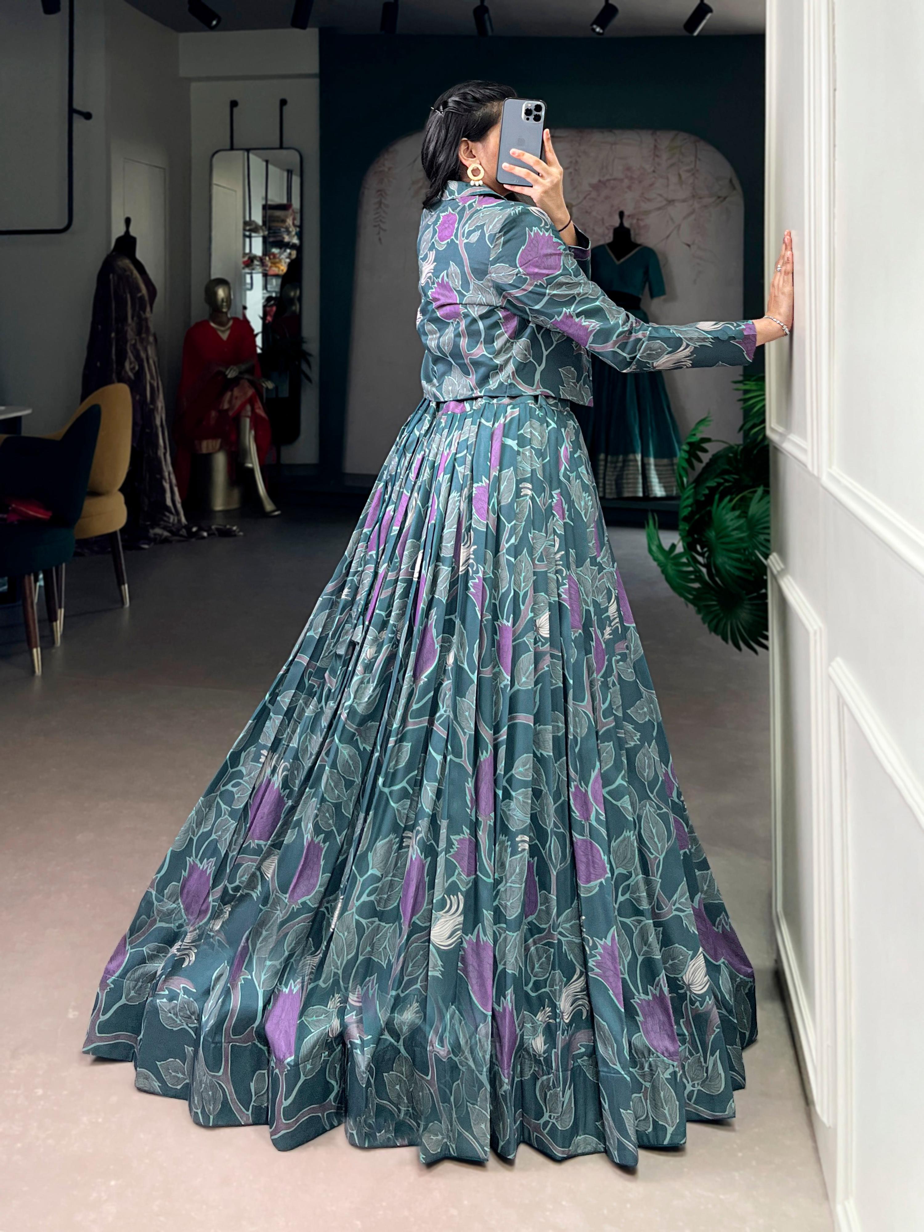 Lorenvalley Fashion Teal Tasar Silk Printed Lehenga Choli with Koti | Grocsy