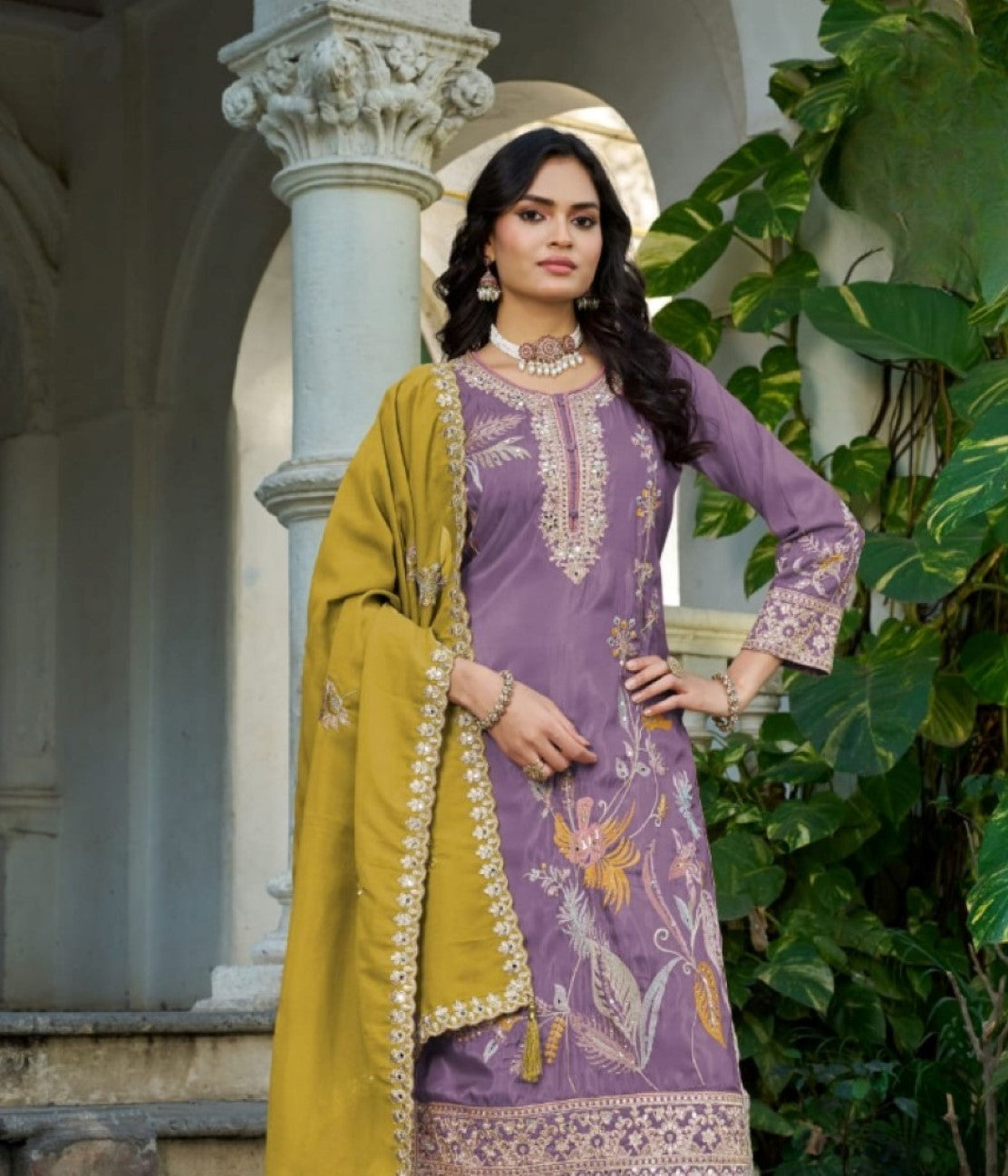 Anaita Purple Shimmer Stitched Plazzo Suit With Codding Dori & Sequence Work | Grocsy