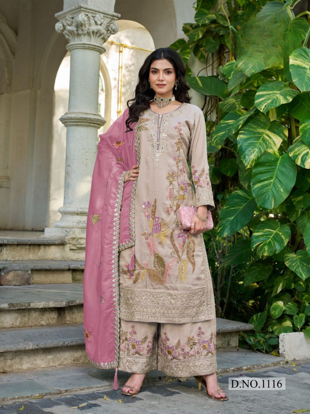 Anaita Cream Shimmer Stitched Plazzo Suit With Codding Dori & Sequence Work | Grocsy