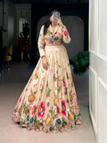 Lorenvalley Fashion Cream Tasar Silk Floral Print Lehenga Choli Co-ord Set | Grocsy