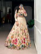 Lorenvalley Fashion Cream Tasar Silk Floral Print Lehenga Choli Co-ord Set | Grocsy