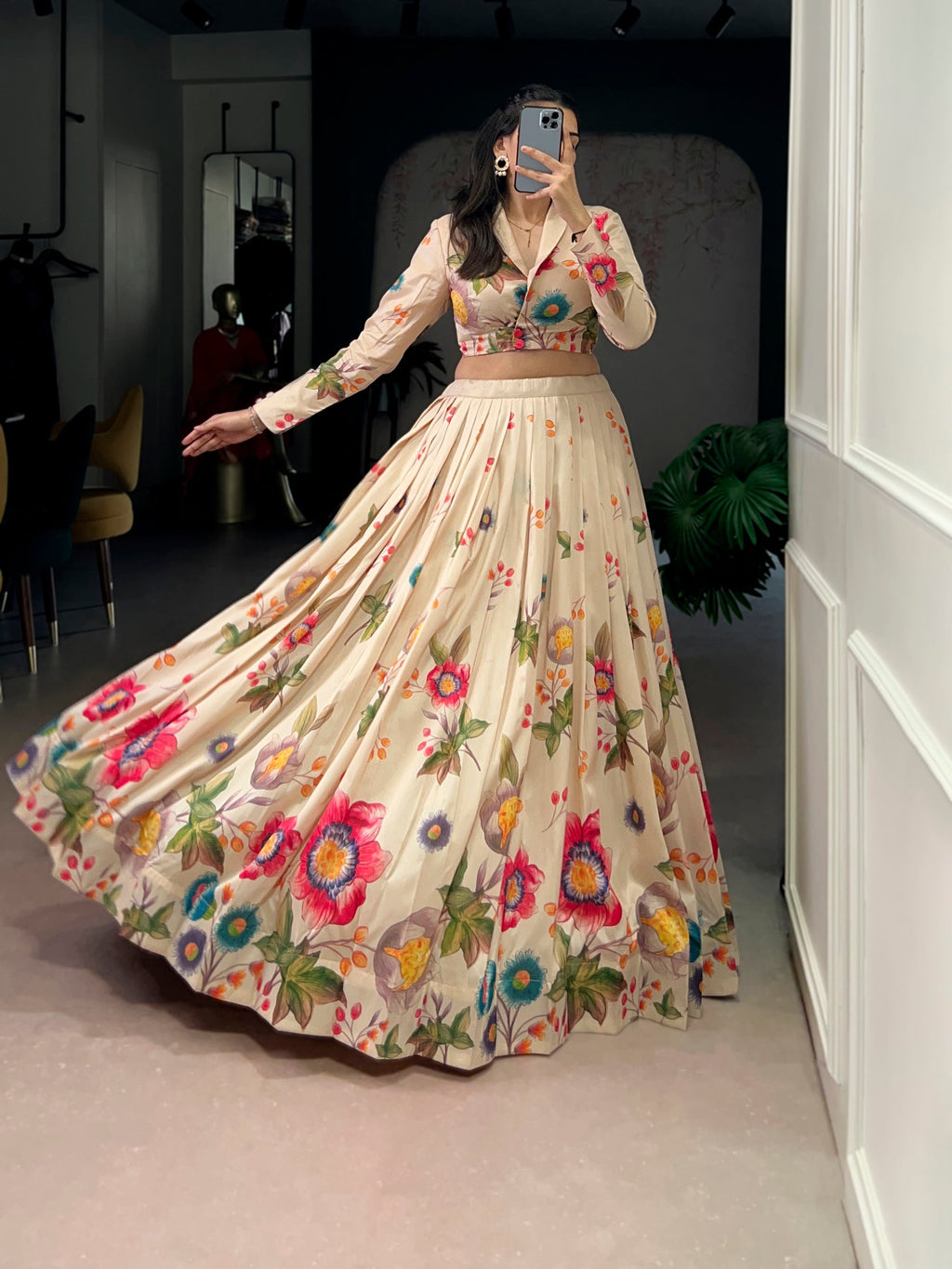 Lorenvalley Fashion Cream Tasar Silk Floral Print Lehenga Choli Co-ord Set | Grocsy
