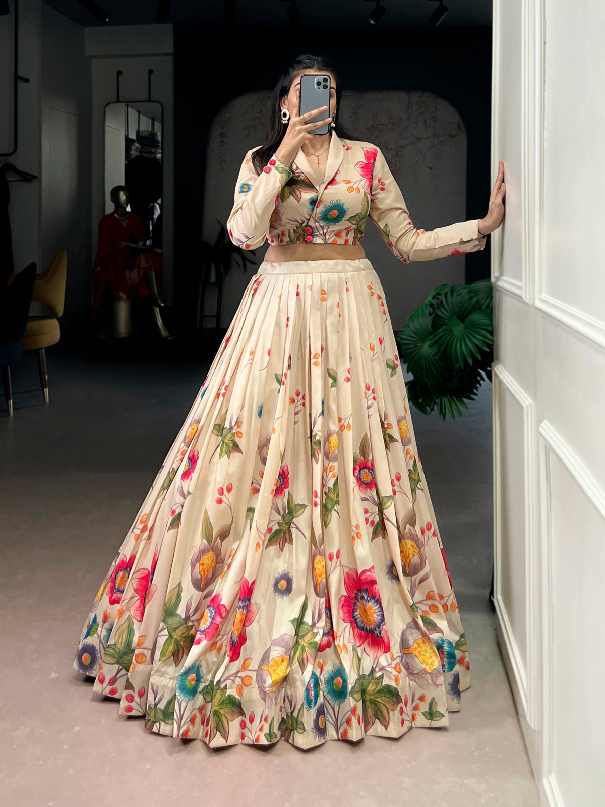 Lorenvalley Fashion Cream Tasar Silk Floral Print Lehenga Choli Co-ord Set | Grocsy