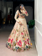 Lorenvalley Fashion Cream Tasar Silk Floral Print Lehenga Choli Co-ord Set | Grocsy