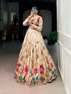Lorenvalley Fashion Cream Tasar Silk Floral Print Lehenga Choli Co-ord Set | Grocsy