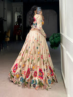 Lorenvalley Fashion Cream Tasar Silk Floral Print Lehenga Choli Co-ord Set | Grocsy