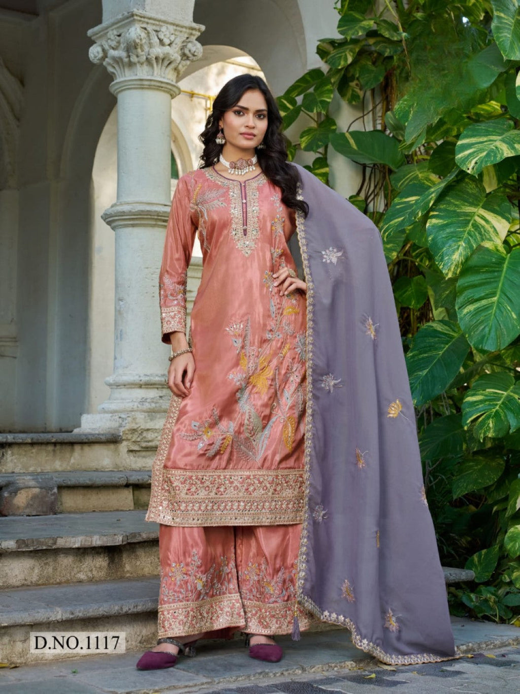 Anaita Peach Shimmer Stitched Plazzo Suit With Codding Dori & Sequence Work | Grocsy