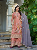 Anaita Peach Shimmer Stitched Plazzo Suit With Codding Dori & Sequence Work | Grocsy