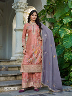 Anaita Peach Shimmer Stitched Plazzo Suit With Codding Dori & Sequence Work | Grocsy