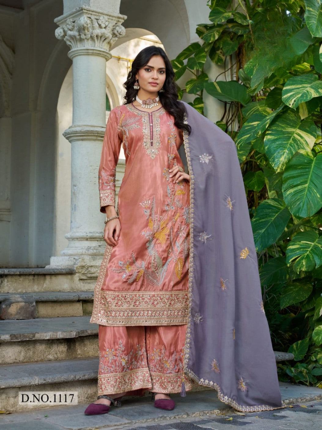 Anaita Peach Shimmer Stitched Plazzo Suit With Codding Dori & Sequence Work | Grocsy