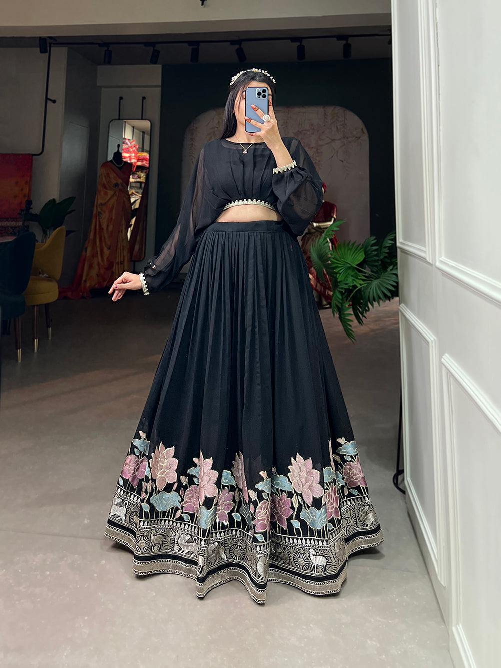 Lorenvalley Black Georgette Sequins and Thread Embroidery Work Lehenga Choli | Grocsy