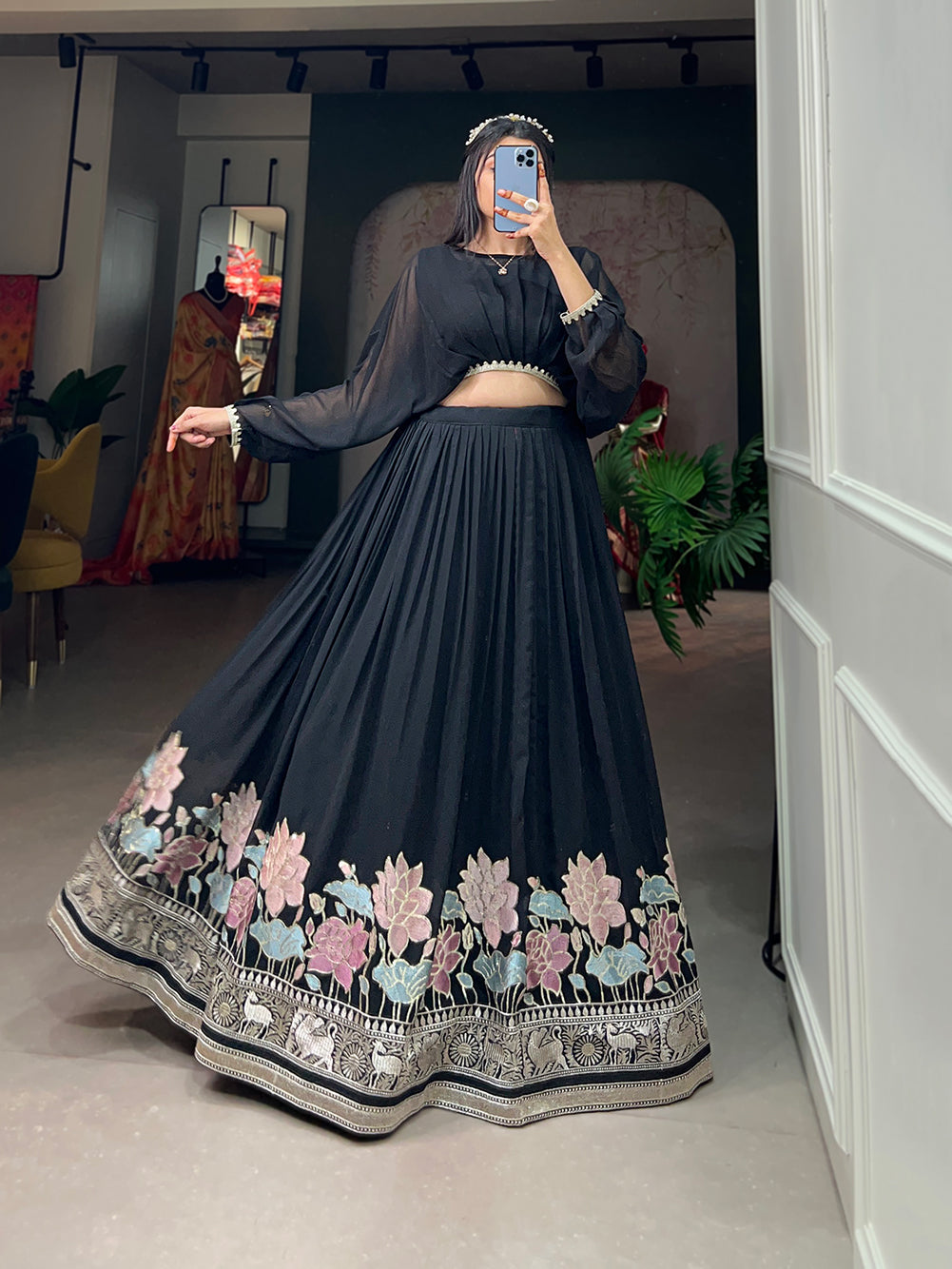 Lorenvalley Black Georgette Sequins and Thread Embroidery Work Lehenga Choli | Grocsy