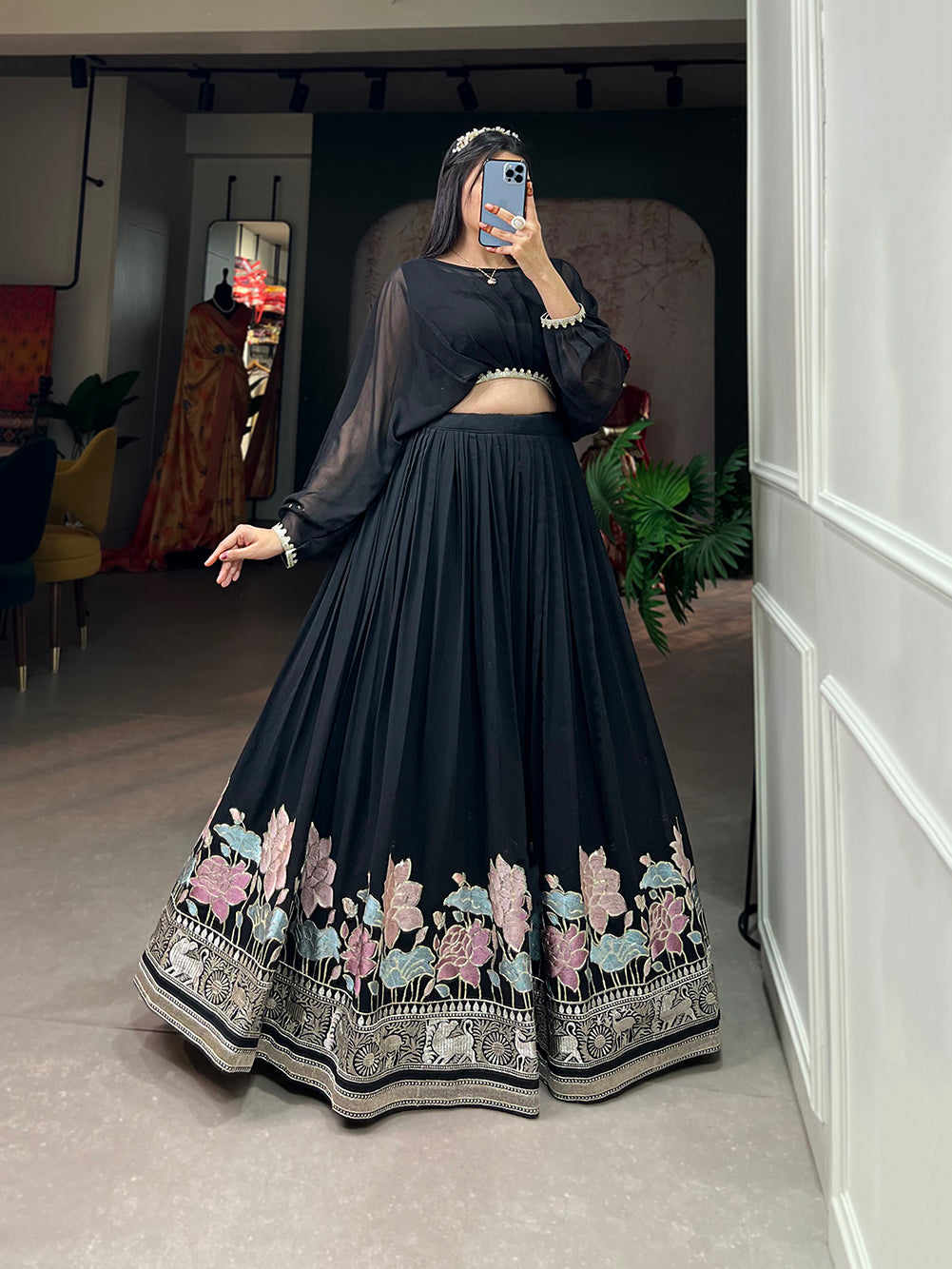 Lorenvalley Black Georgette Sequins and Thread Embroidery Work Lehenga Choli | Grocsy