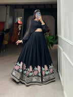 Lorenvalley Black Georgette Sequins and Thread Embroidery Work Lehenga Choli | Grocsy