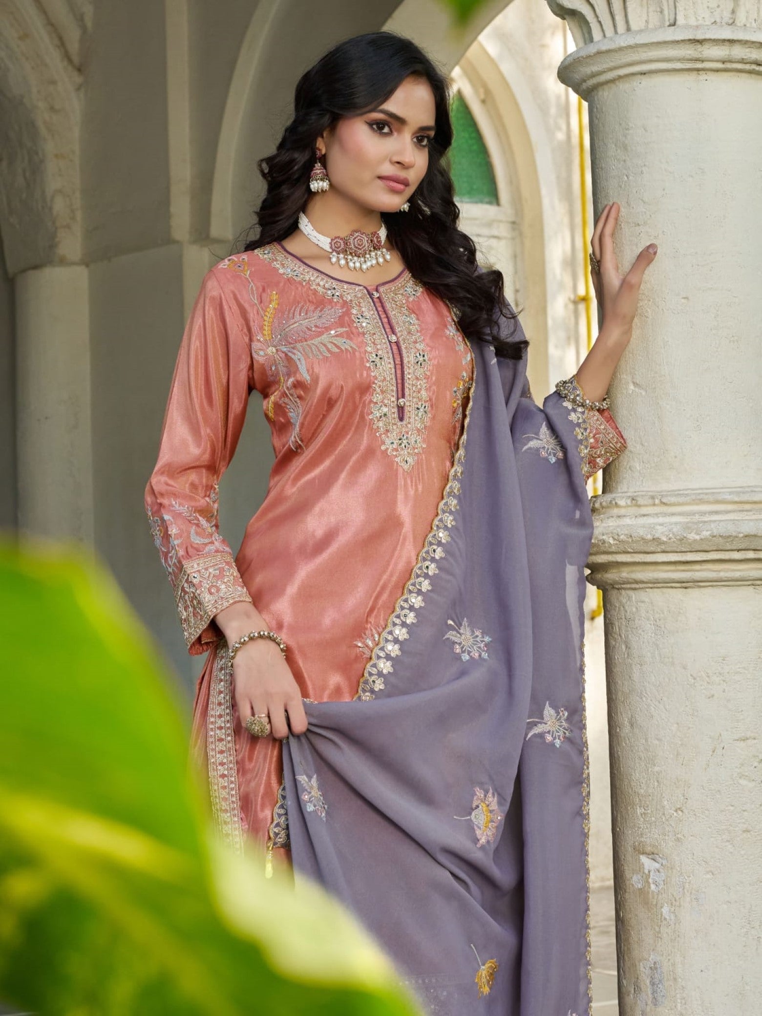 Anaita Peach Shimmer Stitched Plazzo Suit With Codding Dori & Sequence Work | Grocsy