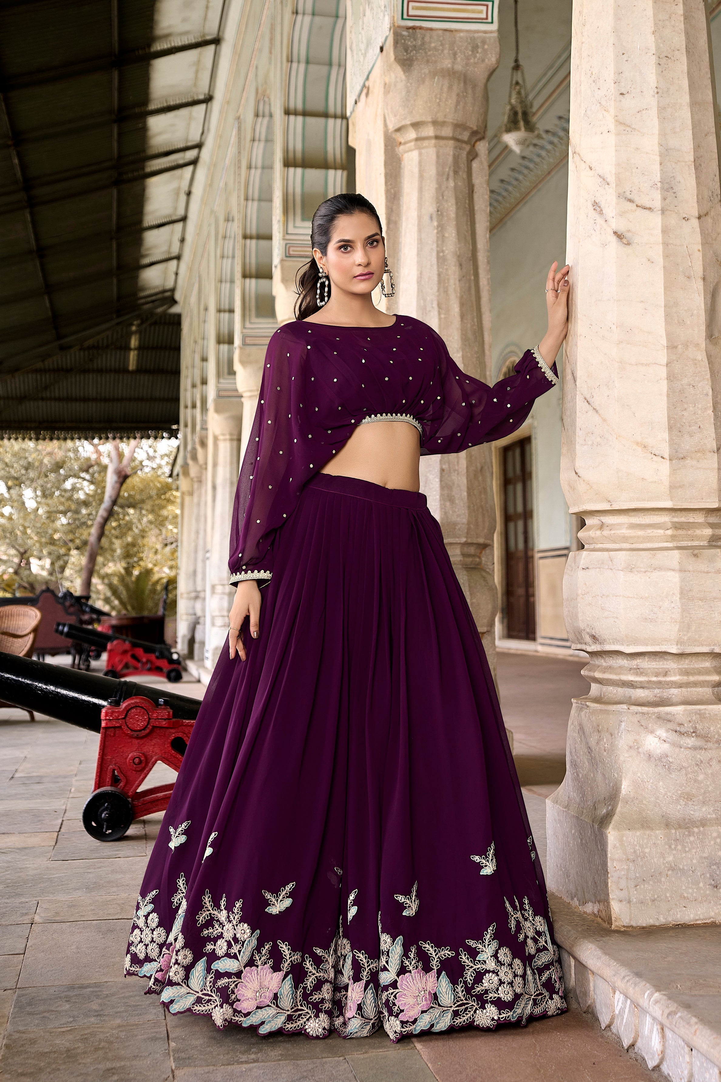 Lorenvalley Wine Georgette Sequins and Thread Embroidery work ethnic Co-ord Set | Grocsy