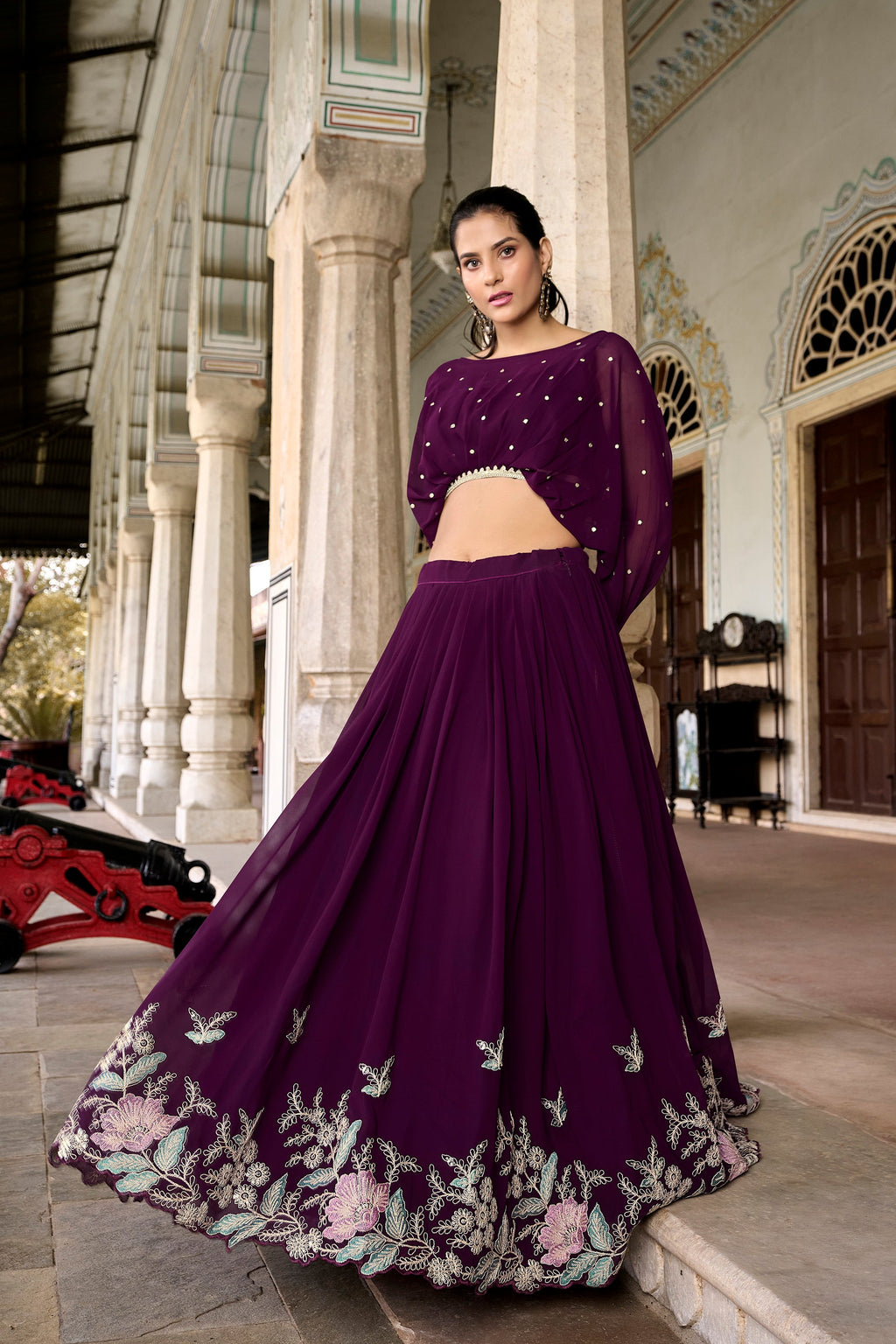 Lorenvalley Wine Georgette Sequins and Thread Embroidery work ethnic Co-ord Set | Grocsy