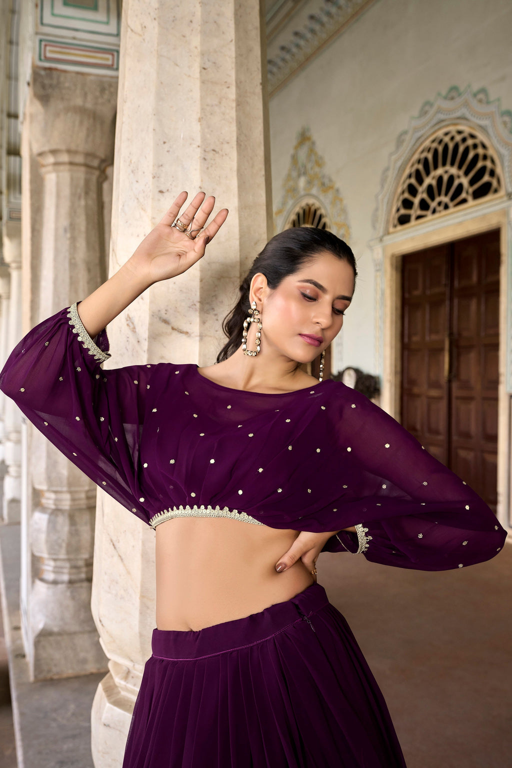 Lorenvalley Wine Georgette Sequins and Thread Embroidery work ethnic Co-ord Set | Grocsy