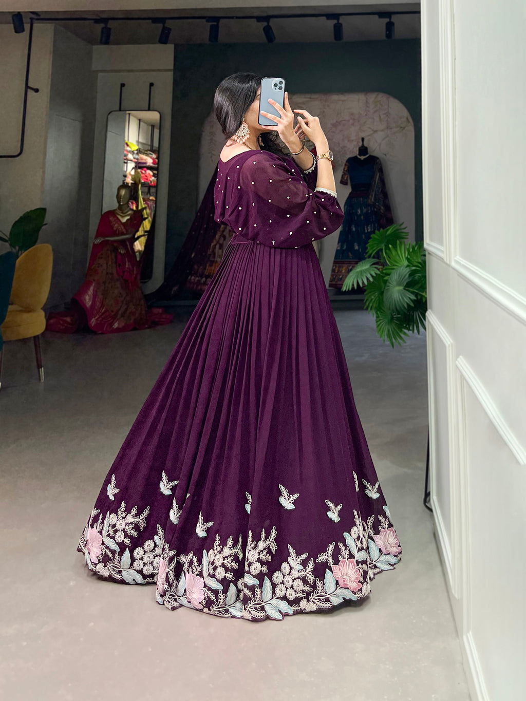 Lorenvalley Wine Georgette Sequins and Thread Embroidery work ethnic Co-ord Set | Grocsy