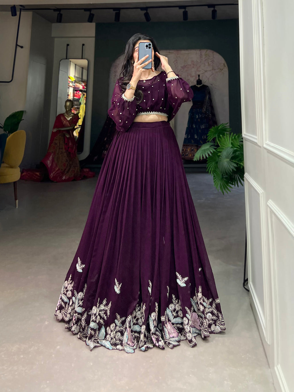 Lorenvalley Wine Georgette Sequins and Thread Embroidery work ethnic Co-ord Set | Grocsy