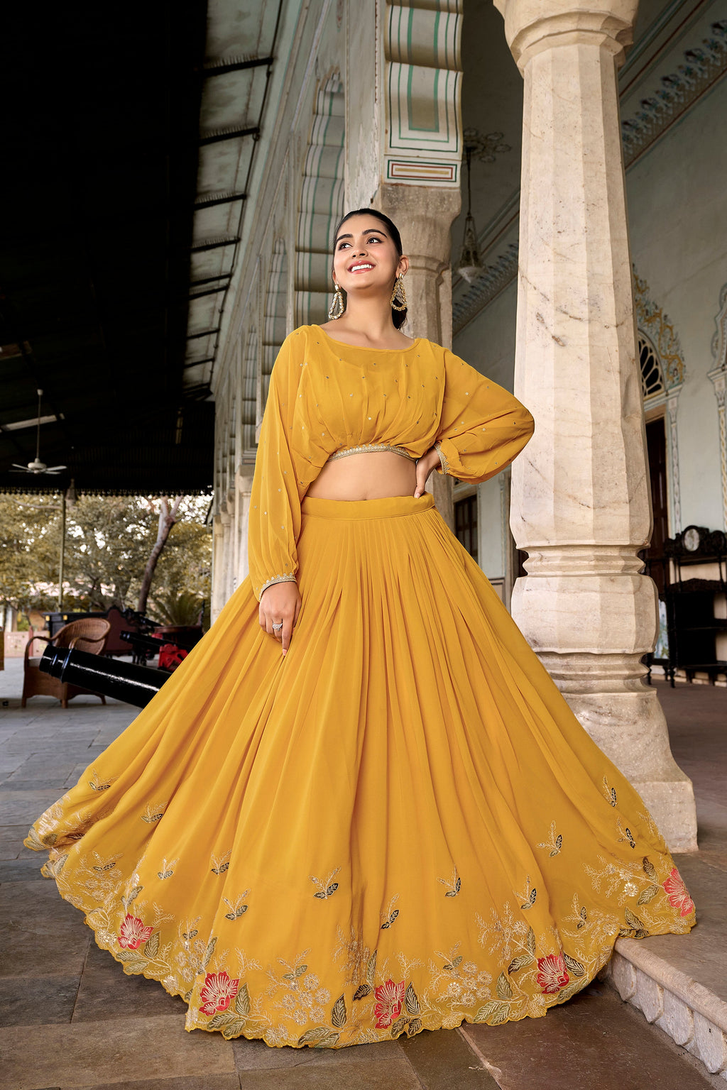 Lorenvalley Yellow Georgette Sequins and Thread Embroidery work ethnic Co-ord Set | Grocsy