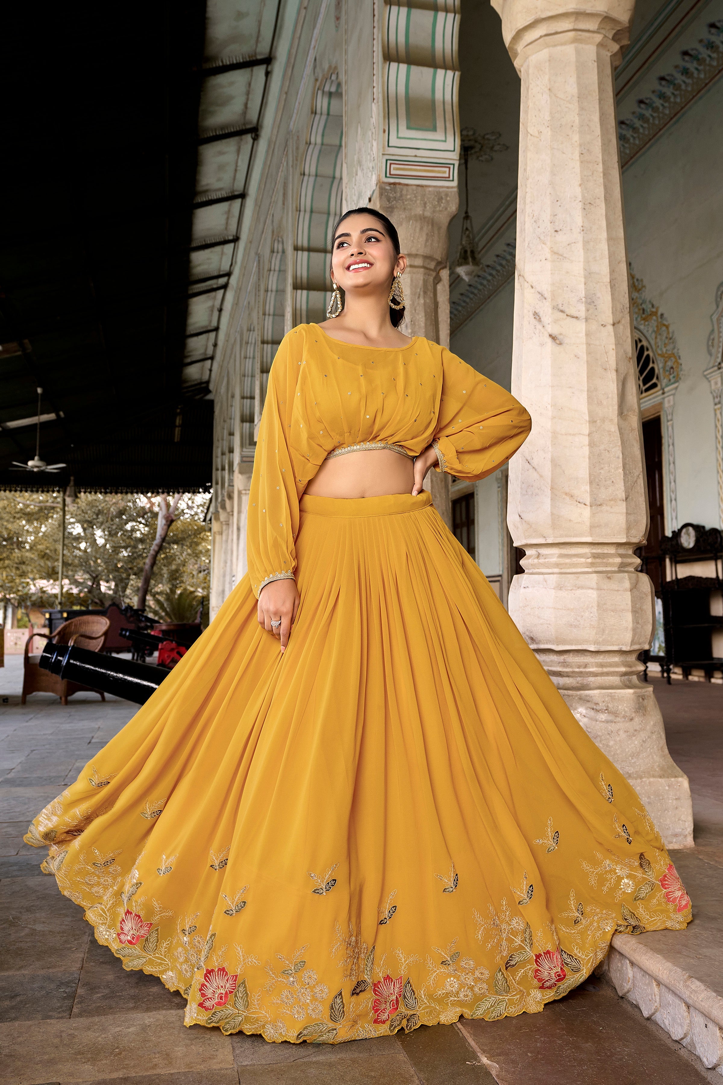 Lorenvalley Yellow Georgette Sequins and Thread Embroidery work ethnic Co-ord Set | Grocsy